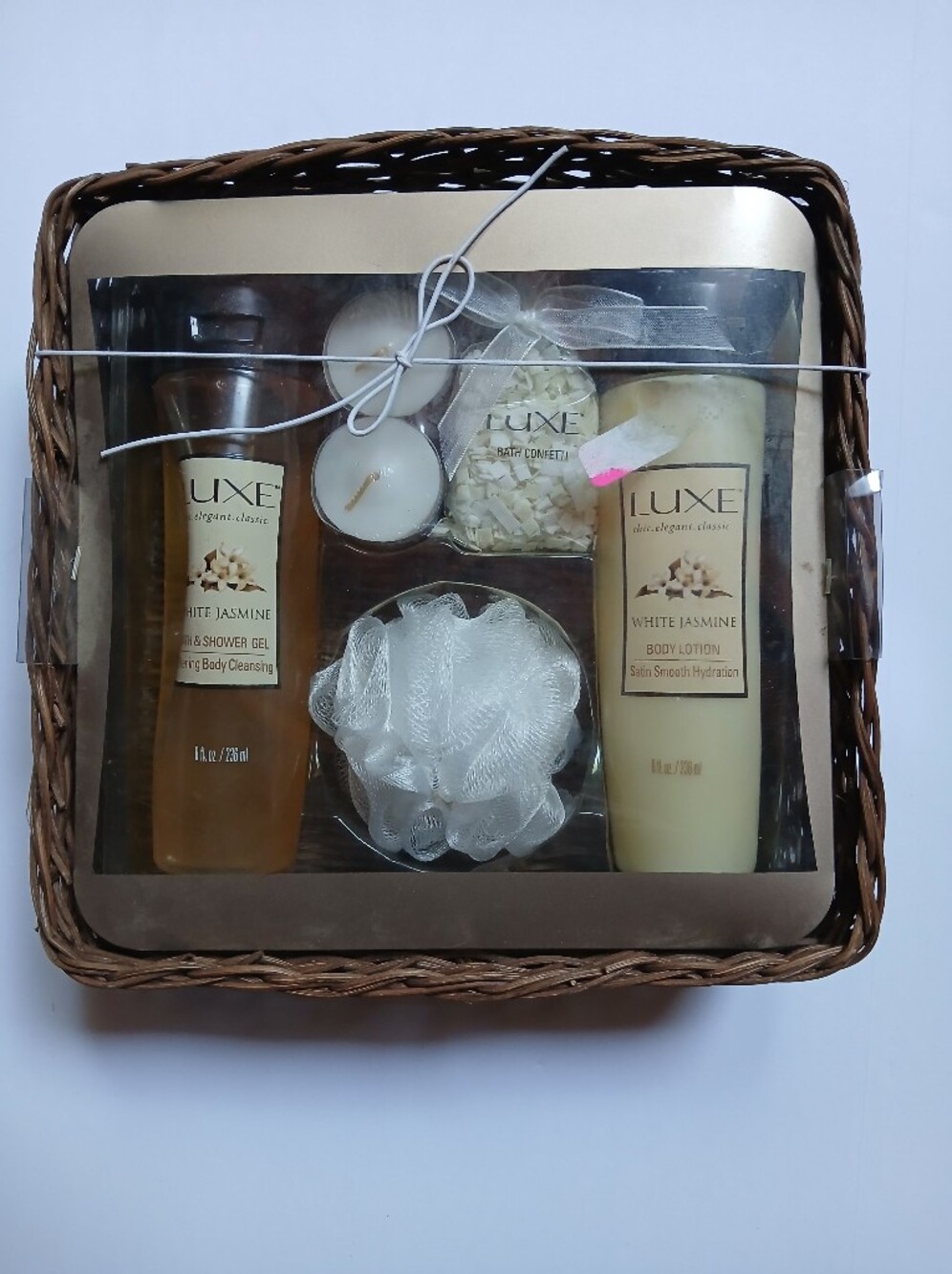 Home Spa Gift Basket - Luxe White Jasmine - 7pc Bath & Body Set